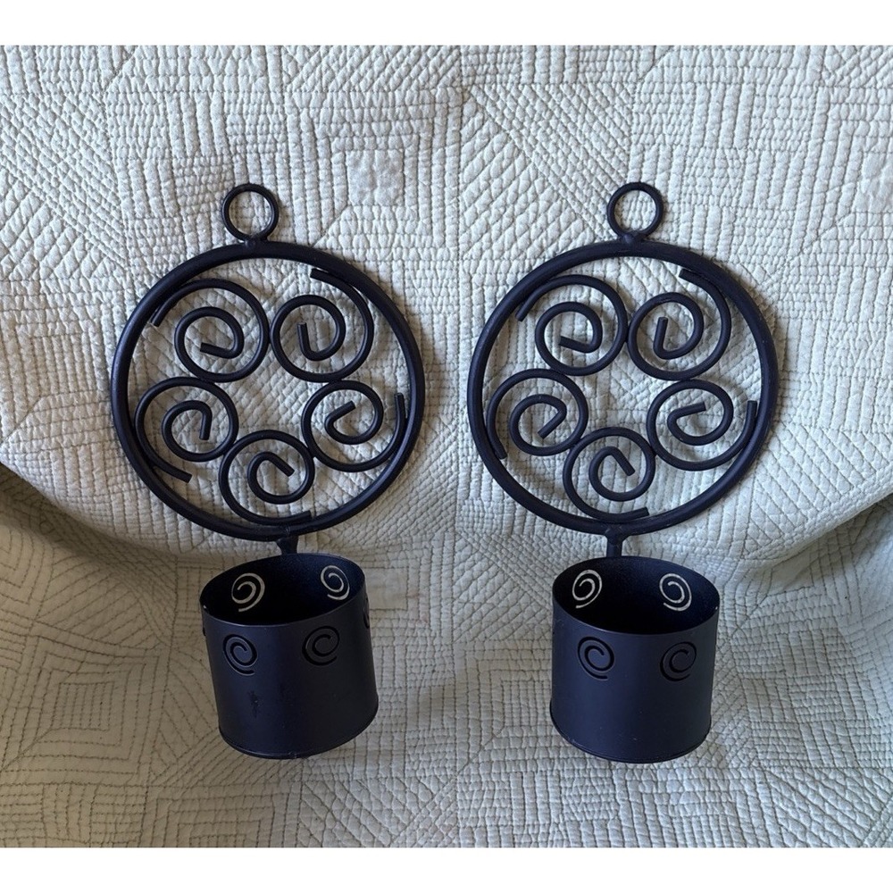 Pair Circular Black Metal Scroll Wall Candle Sconces 10.5" Whimsigoth Witchy